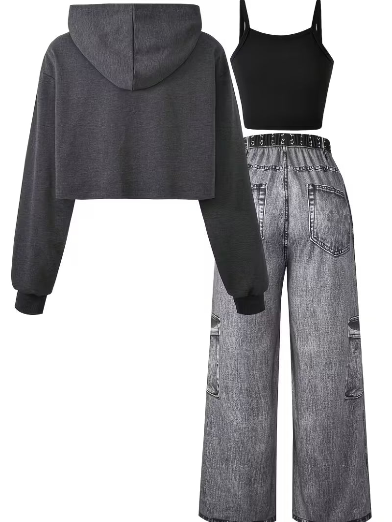 Women's Charcoal Grey Cropped Hoodie & Star Cargo Jeans 3-Piece Co-Ord Set