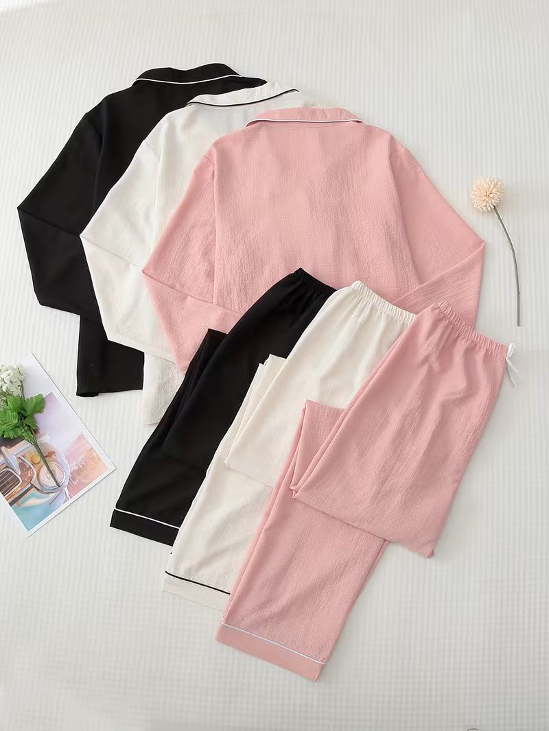 Women's Solid Color Pajama Sets – Short Sleeve Button-Up Lounge & Sleepwear (Set of 3)