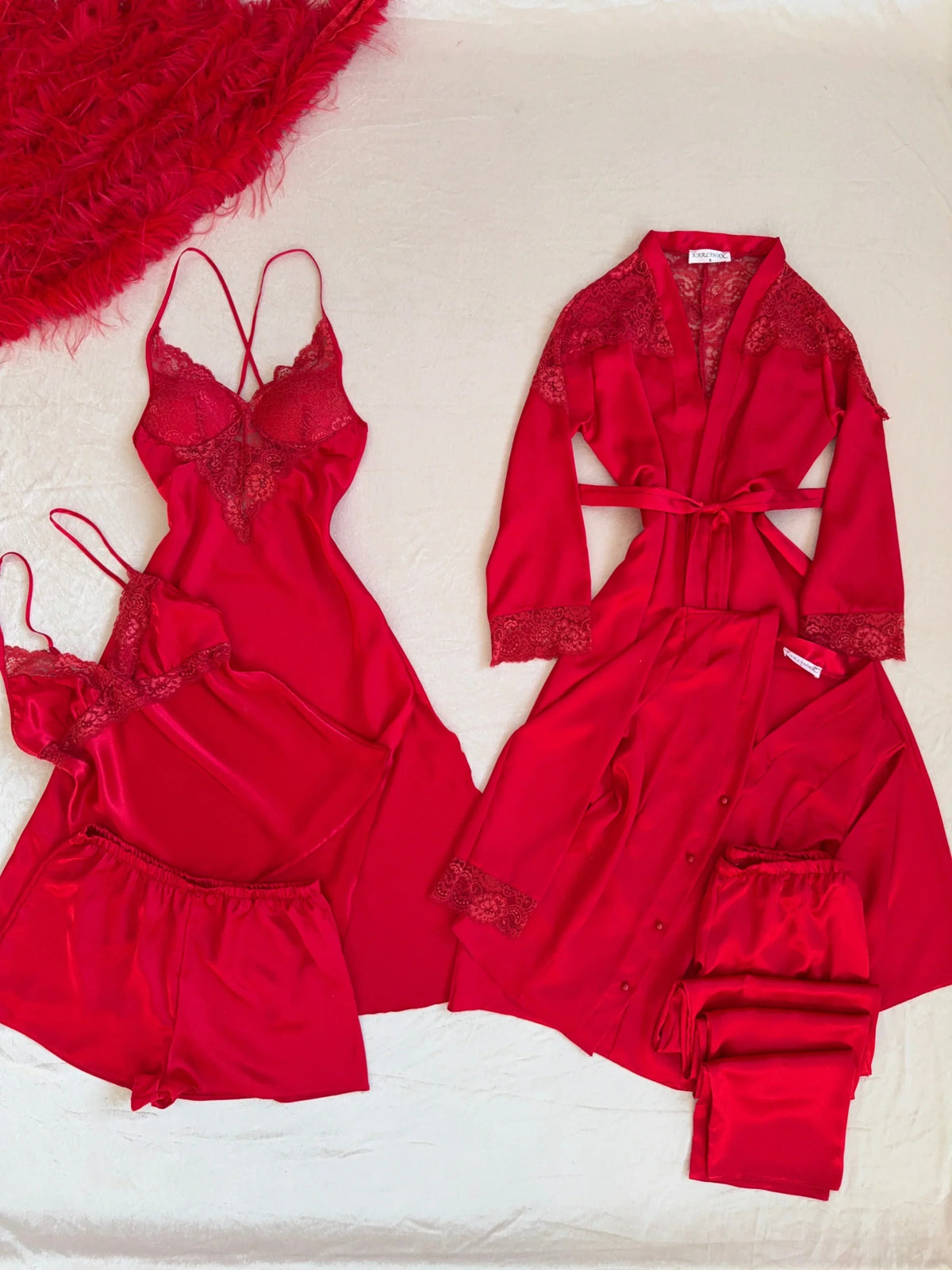 Red Lace 6-Piece Satin Bridal Lingerie Set | Women's Satin Nightgown &amp; Robe Set
