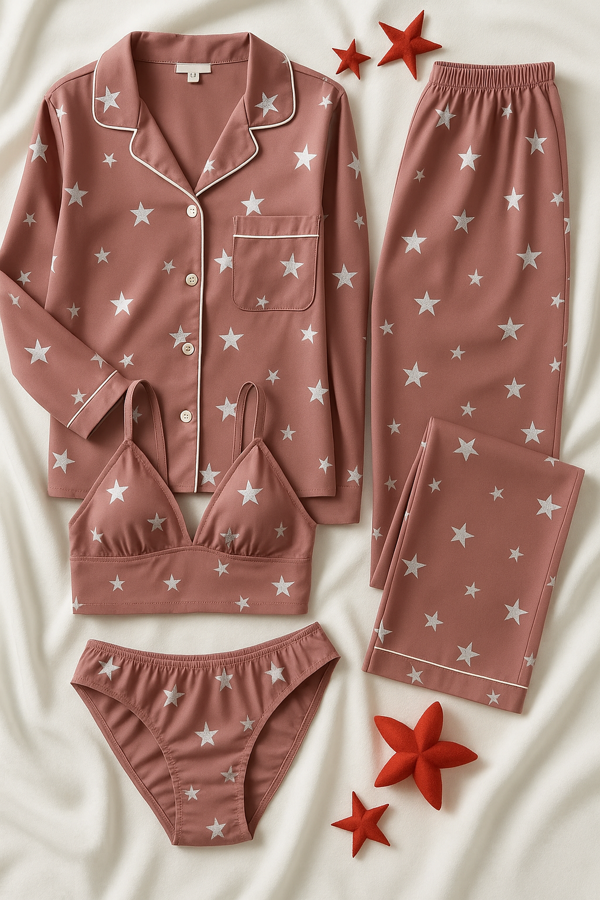 Light Maroon Love Night Suit &amp; Bra Panty Set Combo for Women's